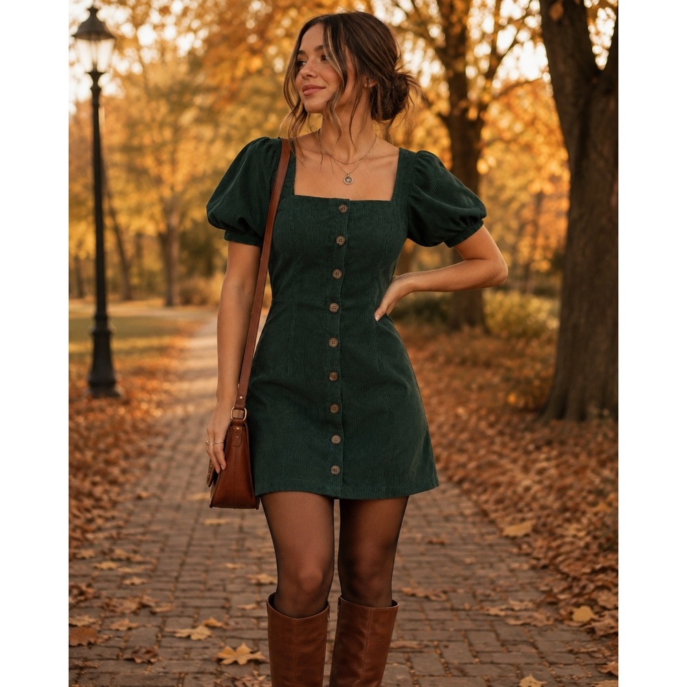 Urban Outfitters Green Corduroy Puff Sleeve Button Front Mini Dress Size M